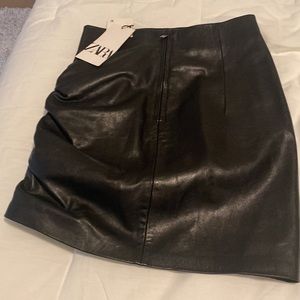 Draped Leather Mini Skirt in Carbon